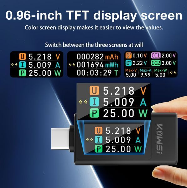 USB Type-C тестер KWS-1902C 4-30V 5.1A MK2990 фото